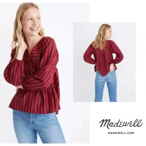 MADEWELL Wine Color Peasant Swingy Top With Metallic Stripe B65 - Picture 1 of 9